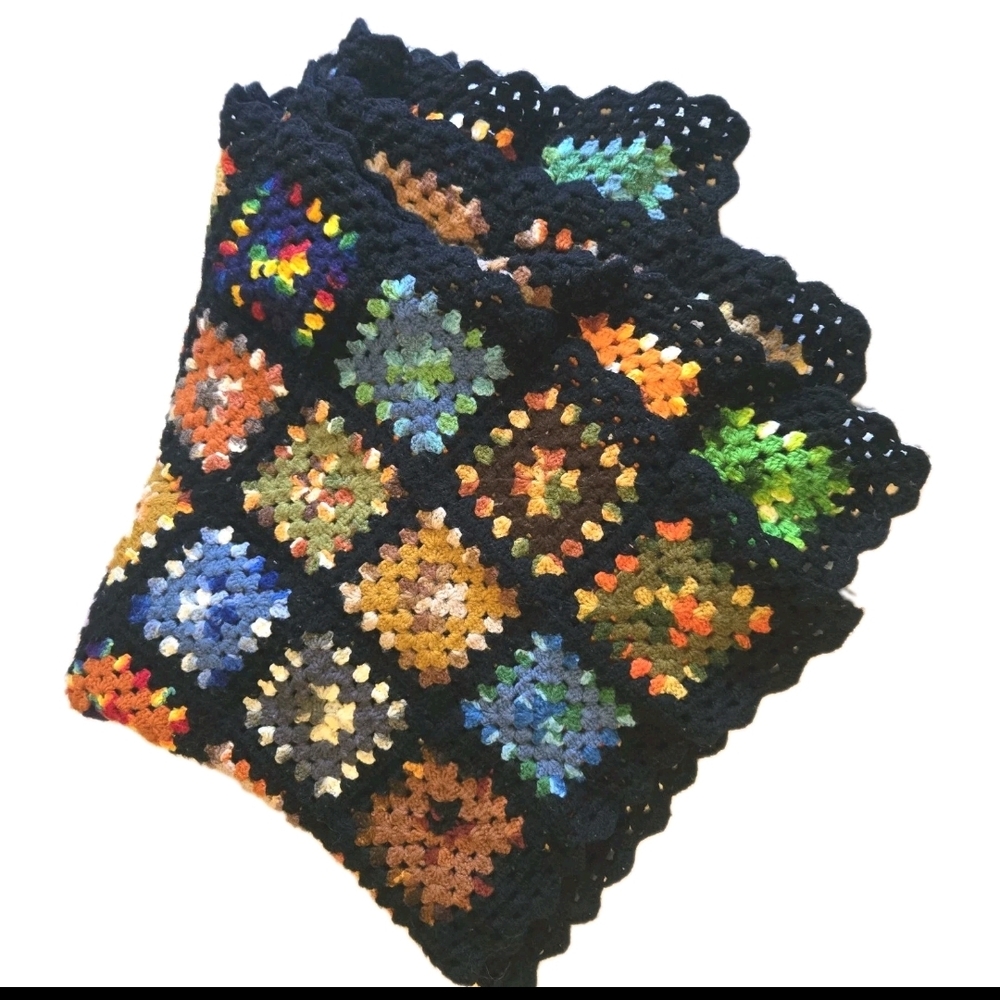 Vtg Granny Square Lap Afghan Blanket Colorful Black Edging 63x41.5"  Crochet